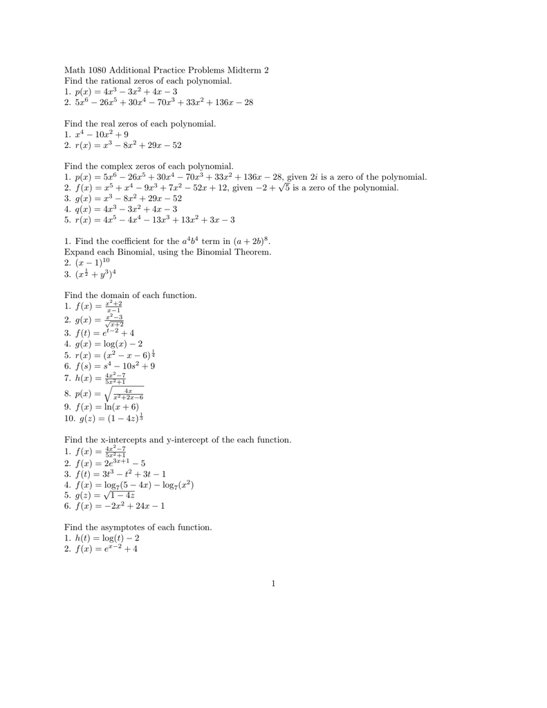 Math 1080 Additional Practice Problems Midterm 2 1 P X 4x