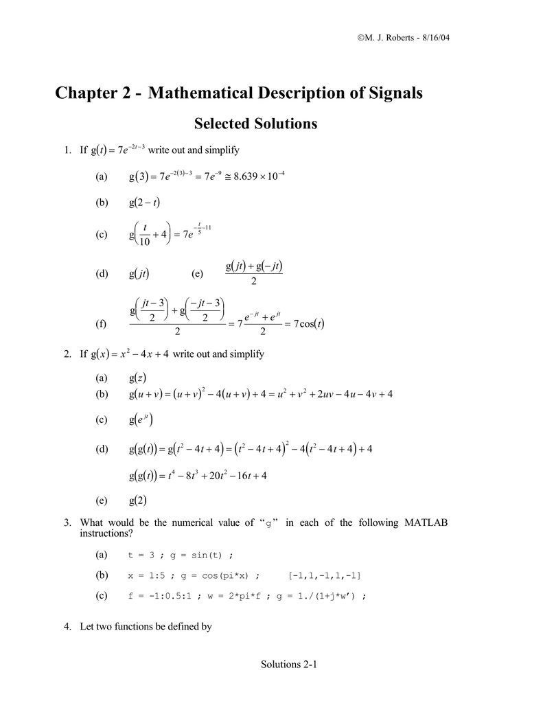 Chapter 2 Mathematical Description Of Signals Selected Solutions
