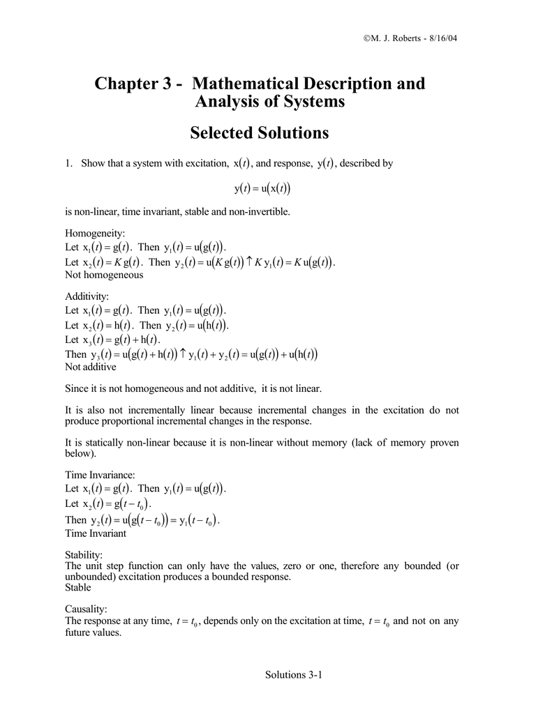 Chapter 3 Mathematical Description And Analysis Of Systems Selected Solutions