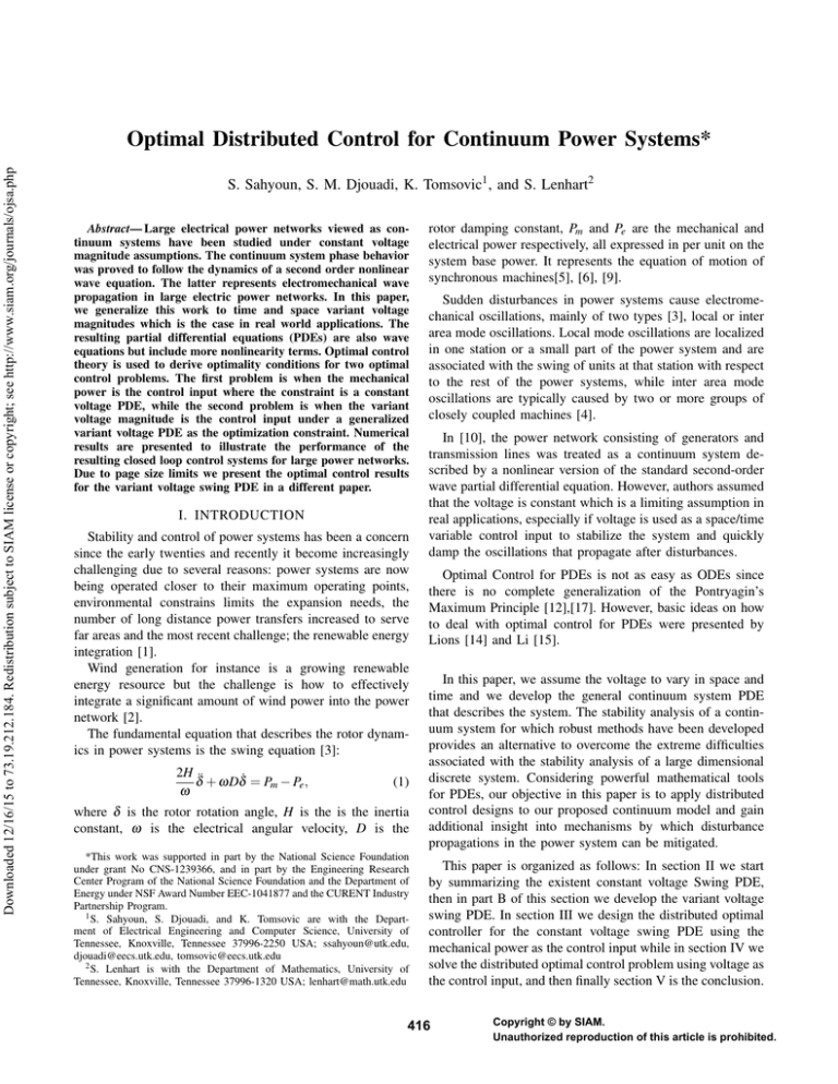 Optimal Distributed Control for Continuum Power Systems* , and S. Lenhart