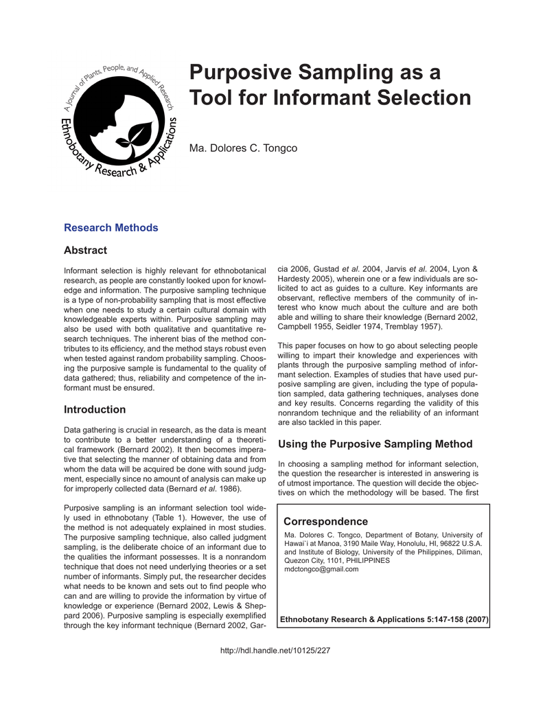 Purposive Sampling As A Tool For Informant Selection Abstract Research 