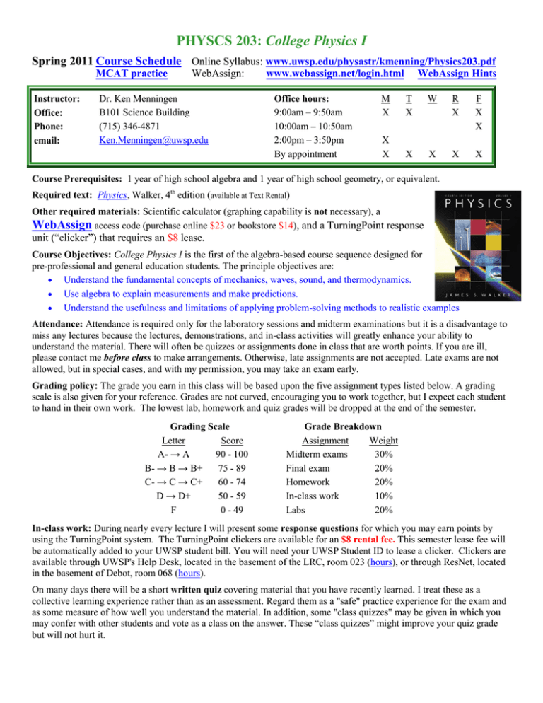 College Physics I Course Schedule