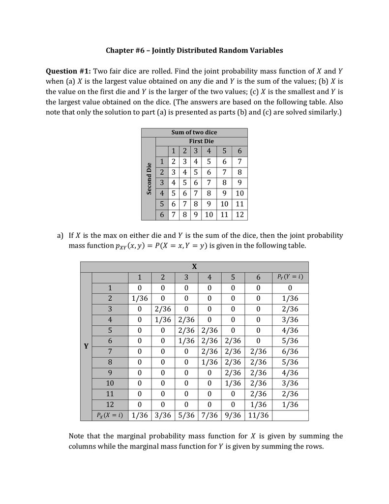 Chapter 6 Jointly Distributed Random Variables Question 1