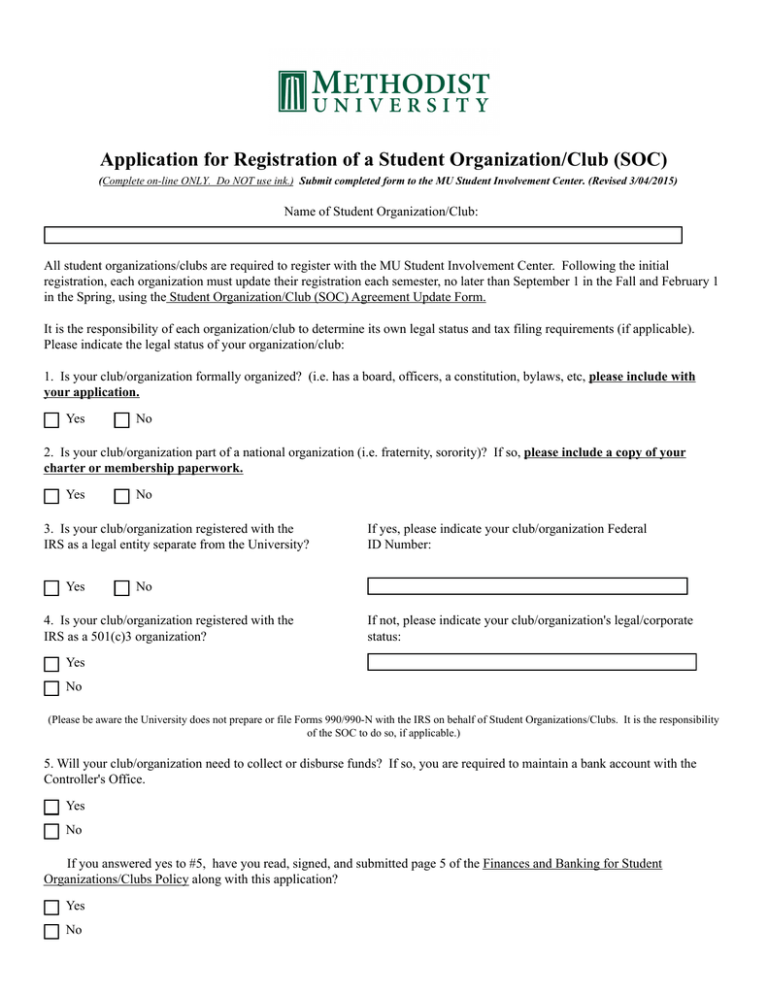 Application For Registration Of A Student Organization Club Soc