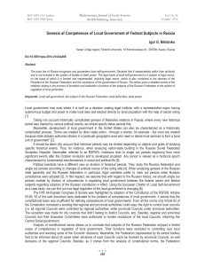 Genesis of Competences of Local Government of Federal Subjects in... Mediterranean Journal of Social Sciences Igor G. Nikitenko MCSER Publishing, Rome-Italy