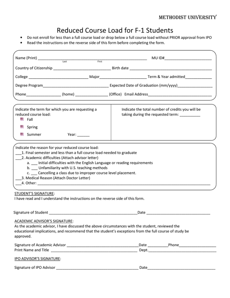 Reduced Course Load for F1 Students METHODIST UNIVERSITY