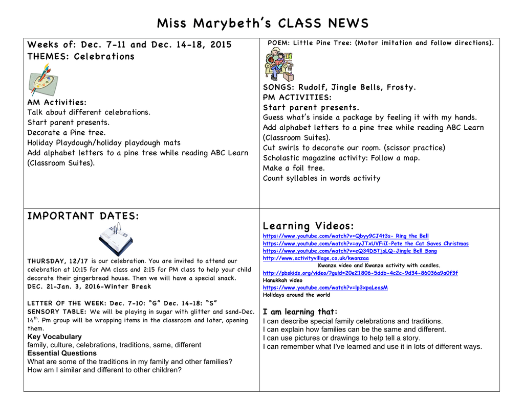 Miss CLASS NEWS THEMES: Celebrations