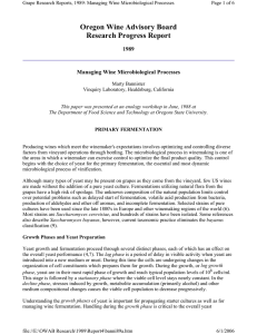 Oregon Wine Advisory Board Research Progress Report 1989 Managing Wine Microbiological Processes