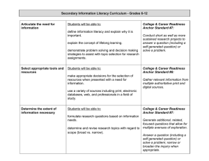 Secondary Information Literacy Curriculum ­ Grades 6­12  Articulate the need for  information  Students will be able to: 