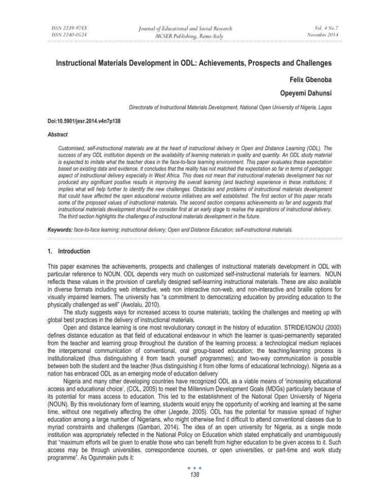 Instructional Materials Development In ODL: Achievements, Prospects And ...