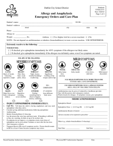 Allergy and Anaphylaxis Emergency Orders and Care Plan