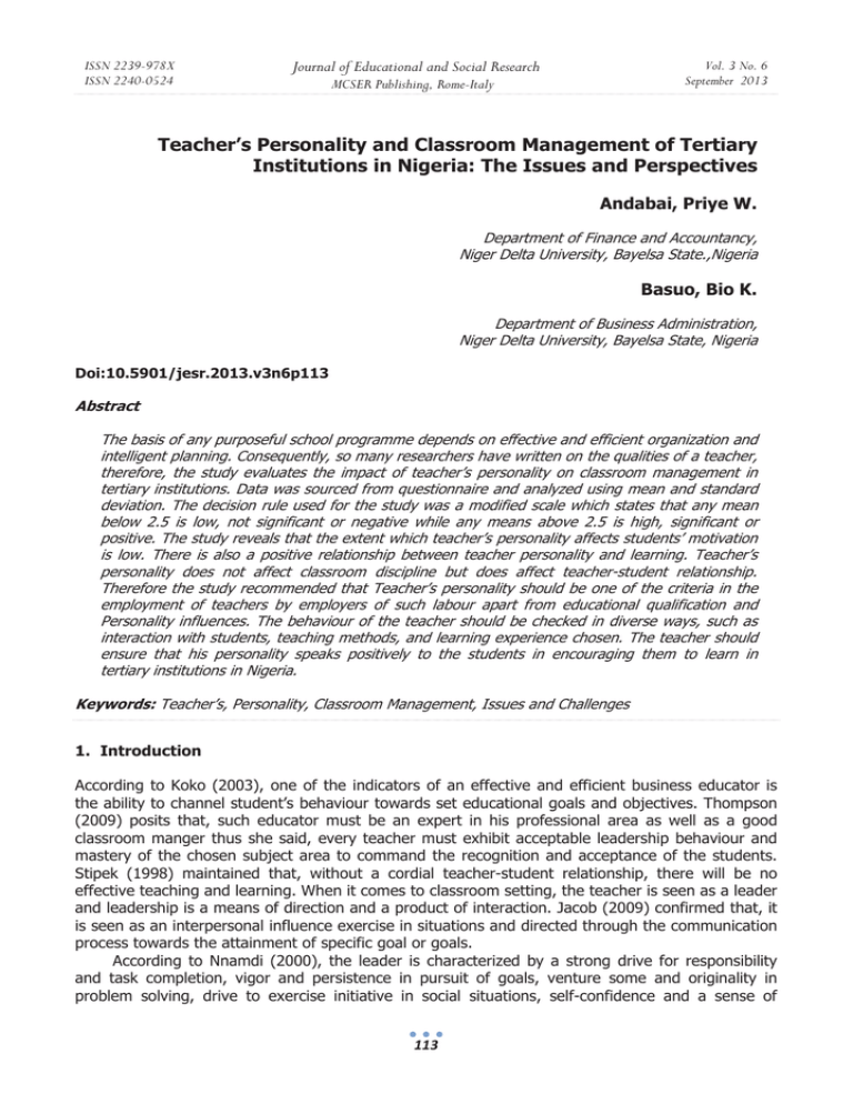 Personality Traits And Classroom Management