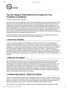 Top Ten Things to Think About as You Prepare for Your Transition to Adulthood