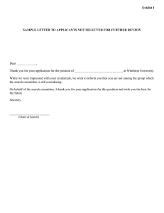 Exhibit I  SAMPLE LETTER TO APPLICANTS NOT SELECTED FOR FURTHER REVIEW