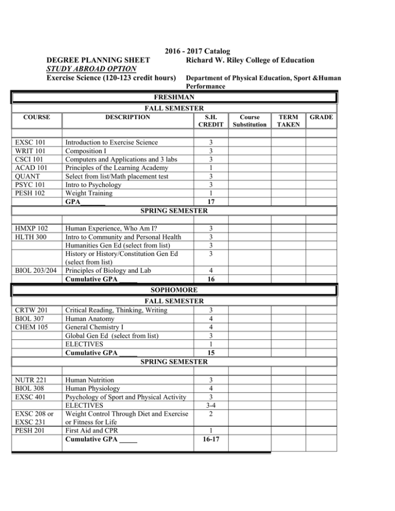 2016 2017 Catalog DEGREE PLANNING SHEET