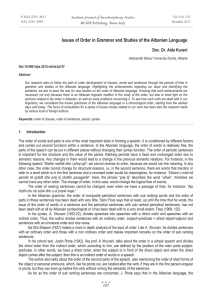 Issues of Order in Grammar and Studies of the Albanian... Academic Journal of Interdisciplinary Studies MCSER Publishing, Rome-Italy Doc. Dr. Aida Kurani