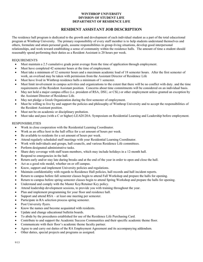 RESIDENT ASSISTANT JOB DESCRIPTION