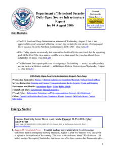 Department of Homeland Security Daily Open Source Infrastructure Report for 04 August 2006