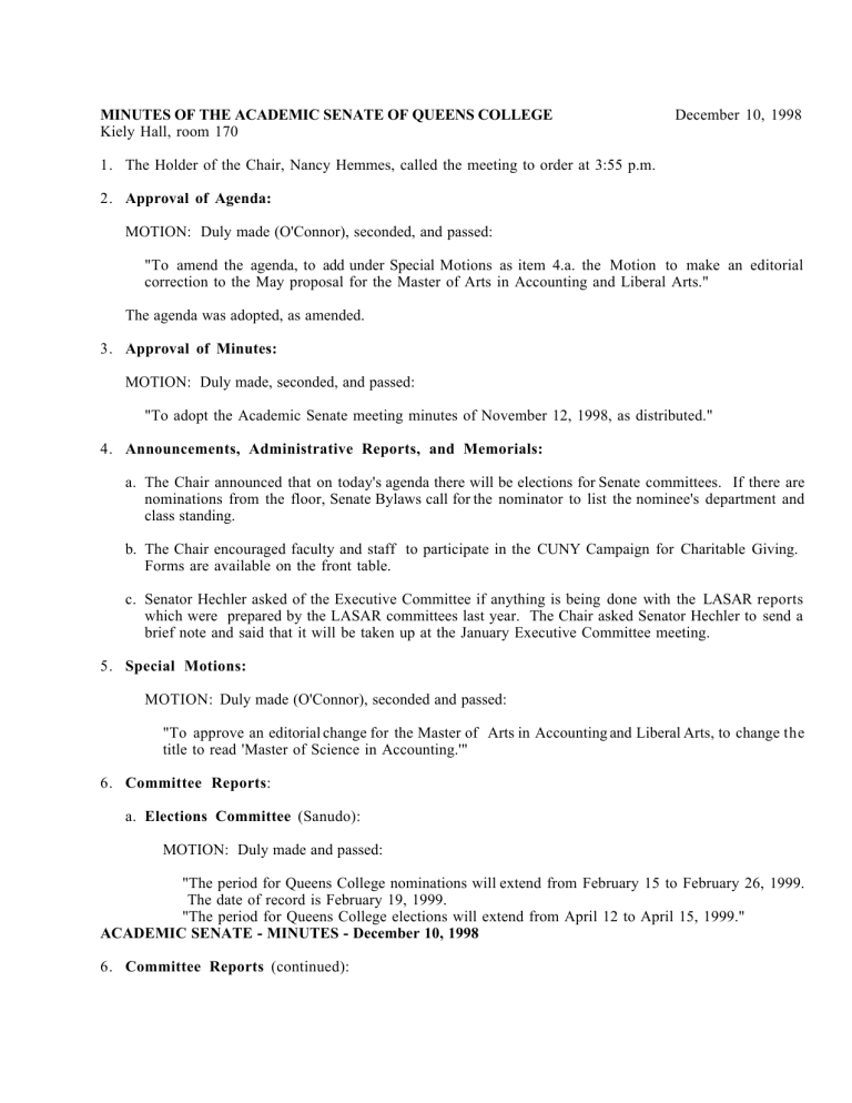 MINUTES OF THE ACADEMIC SENATE OF QUEENS COLLEGE
