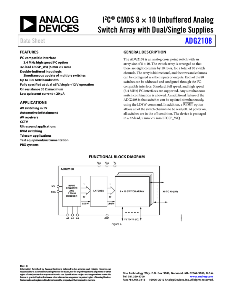 I C CMOS 8 × 10 Unbuffered Analog Switch Array with Dual/Single Supplies