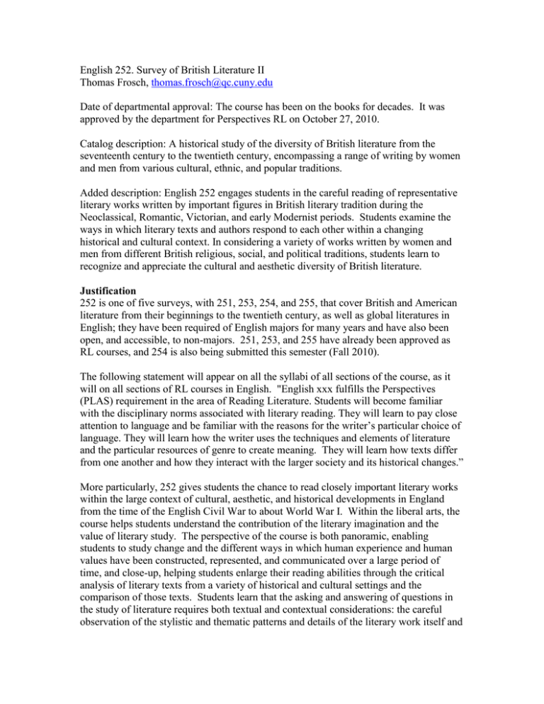 English 252 Survey Of British Literature II H 