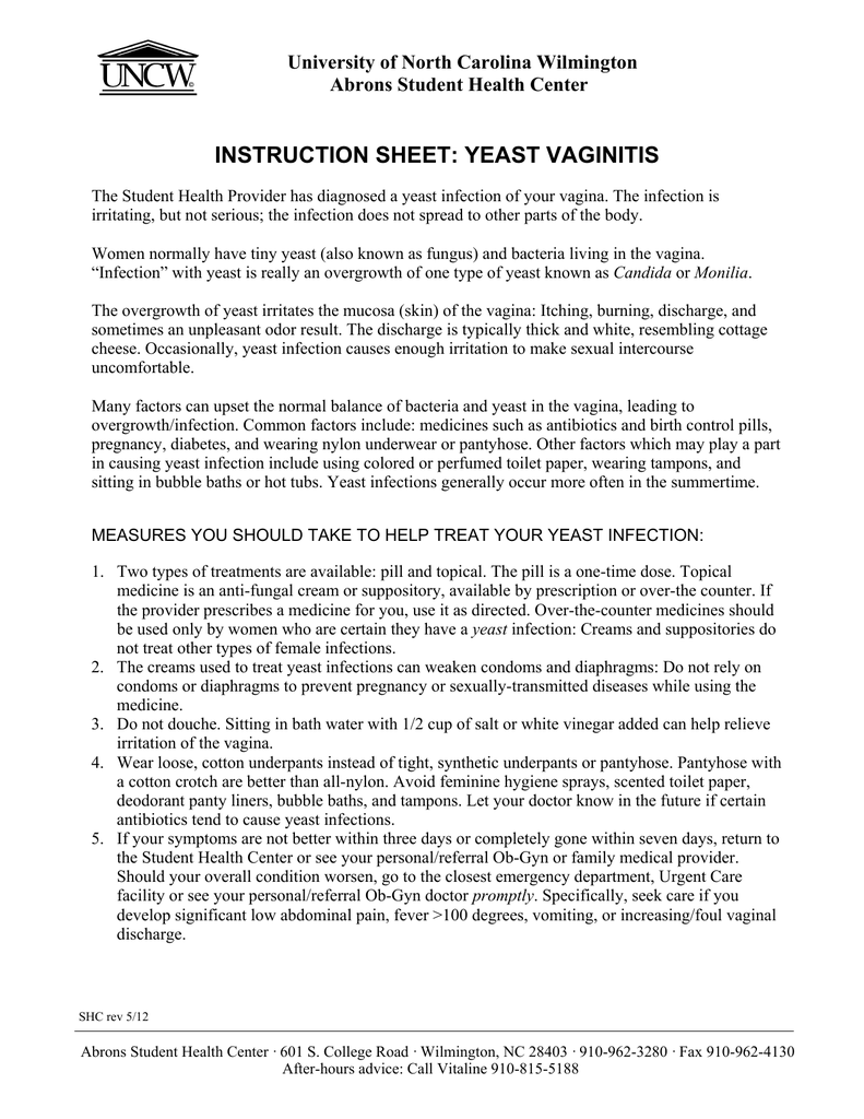 Instruction Sheet Yeast Vaginitis University Of North Carolina