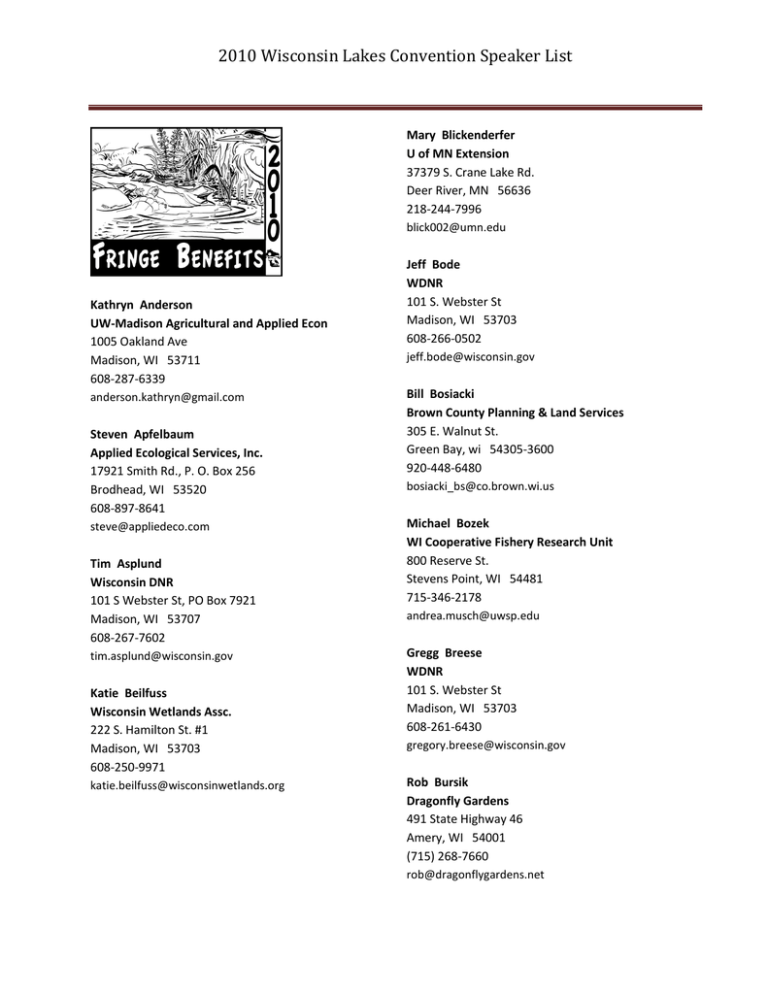 2010 Wisconsin Lakes Convention Speaker List