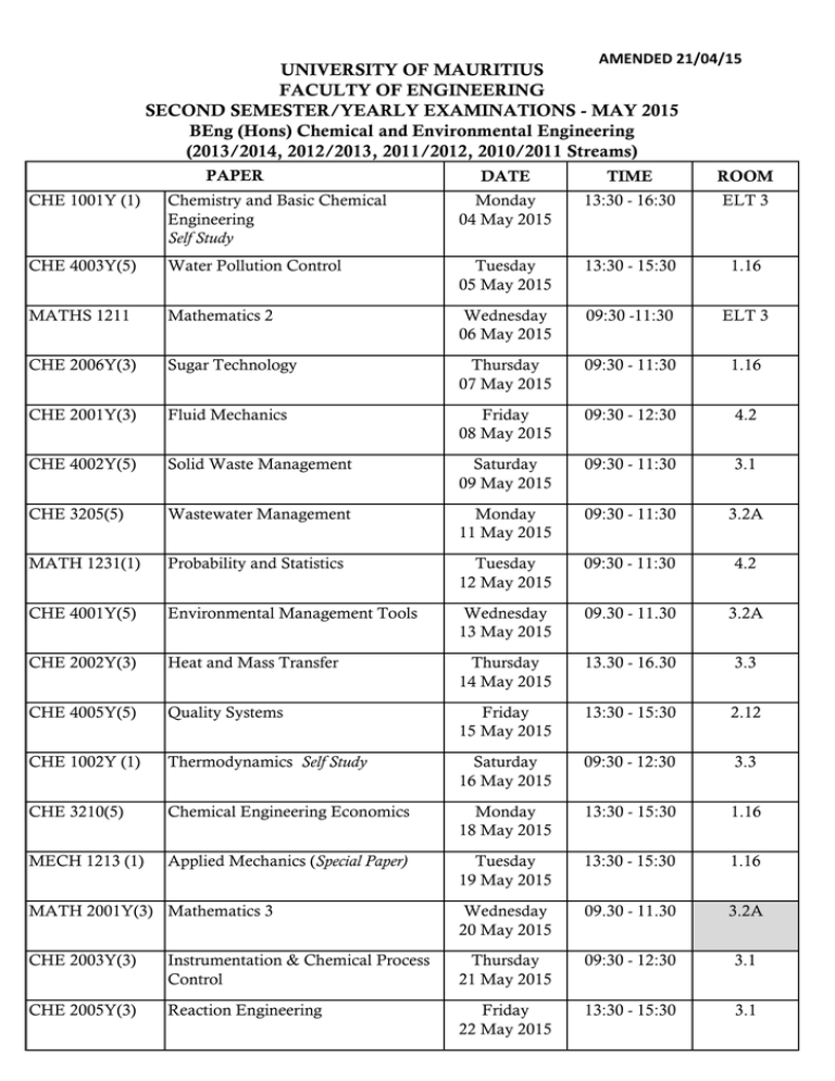 UNIVERSITY OF MAURITIUS FACULTY OF ENGINEERING SECOND SEMESTER/YEARLY ...