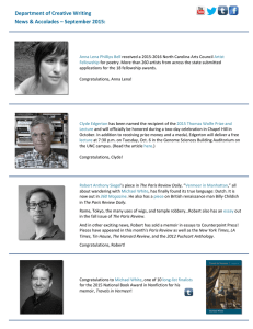 Department of Creative Writing  News &amp; Accolades – September 2015: