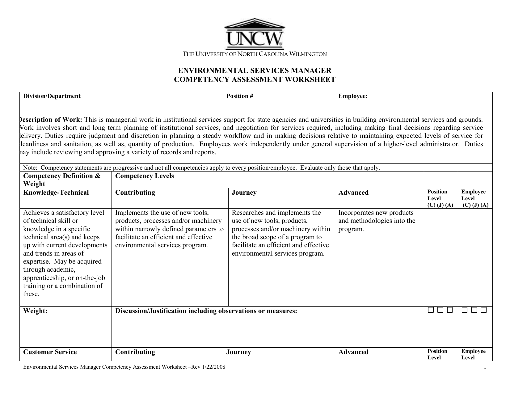 ENVIRONMENTAL SERVICES MANAGER COMPETENCY Throughout Job Skills Assessment Worksheet