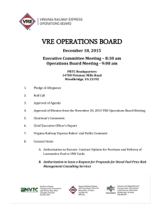 VRE OPERATIONS BOARD December 18, 2015 Executive Committee Meeting – 8:30 am