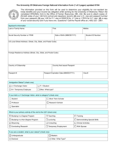 The University Of Oklahoma Foreign National Information Form (1 of...
