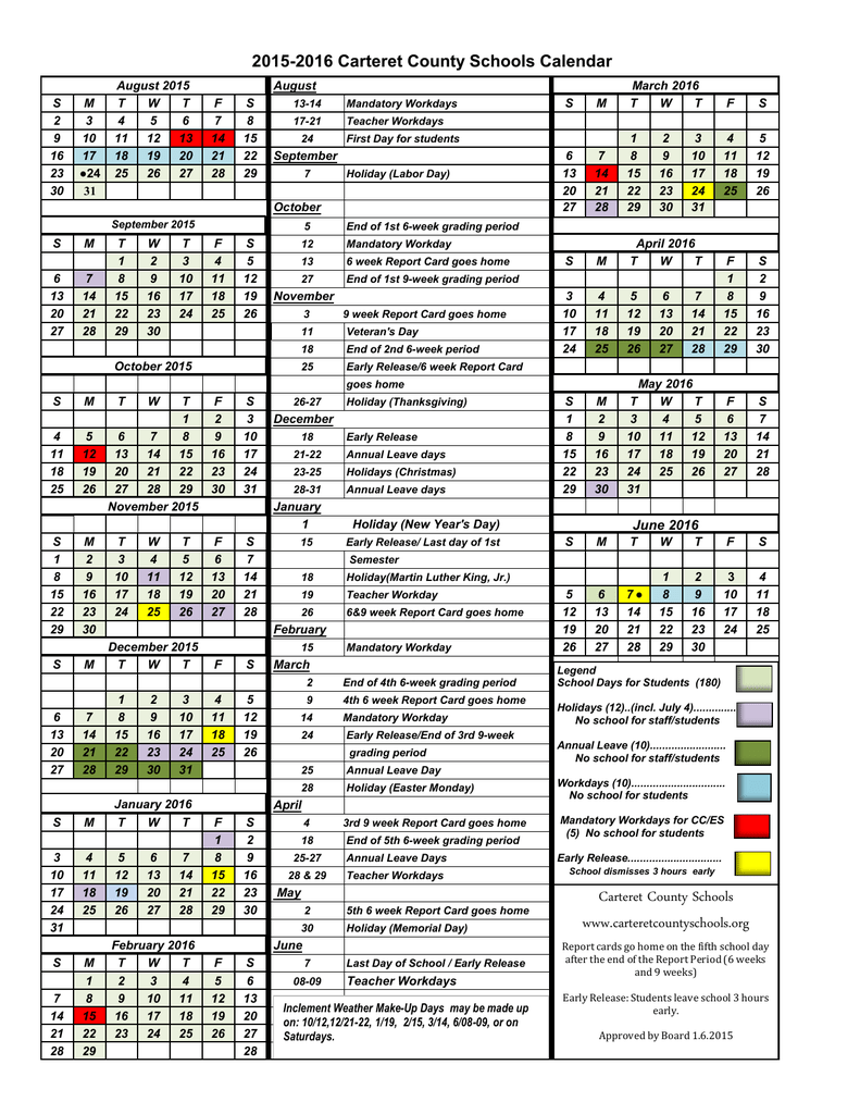 2015-2016 Carteret County Schools Calendar 2015-2016 Carteret County Schools Calendar