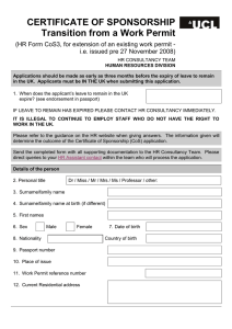 CERTIFICATE OF SPONSORSHIP Transition from a Work Permit