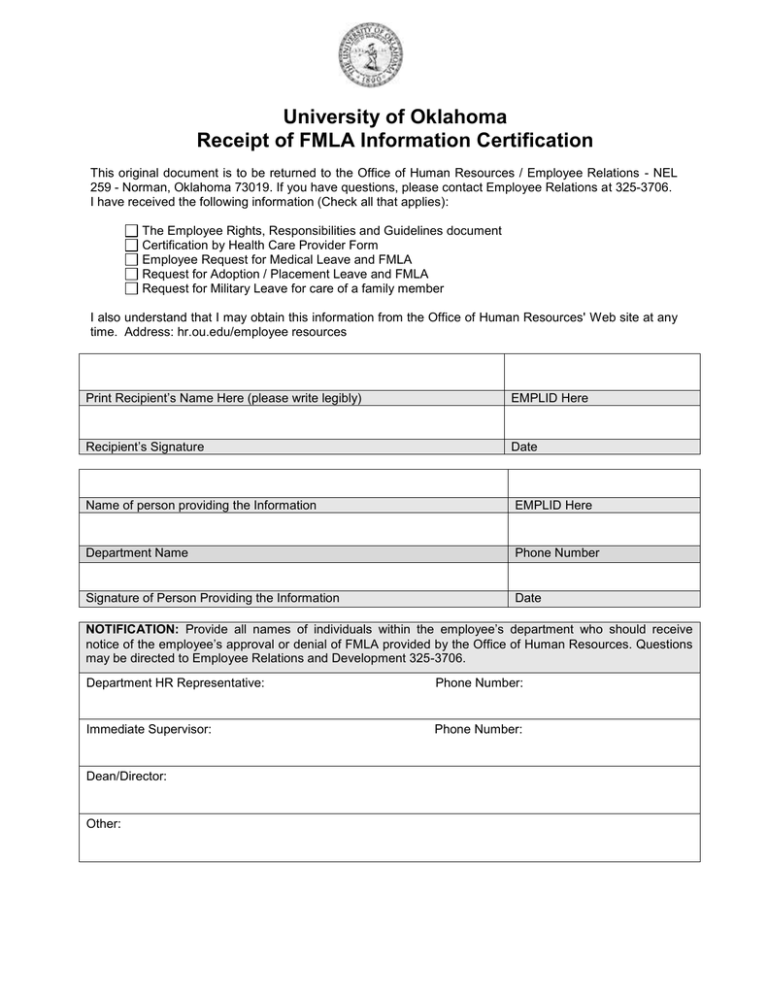 University of Oklahoma Receipt of FMLA Information Certification