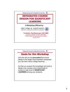 INTEGRATED COURSE DESIGN FOR SIGNIFICANT LEARNING Goals for this Workshop