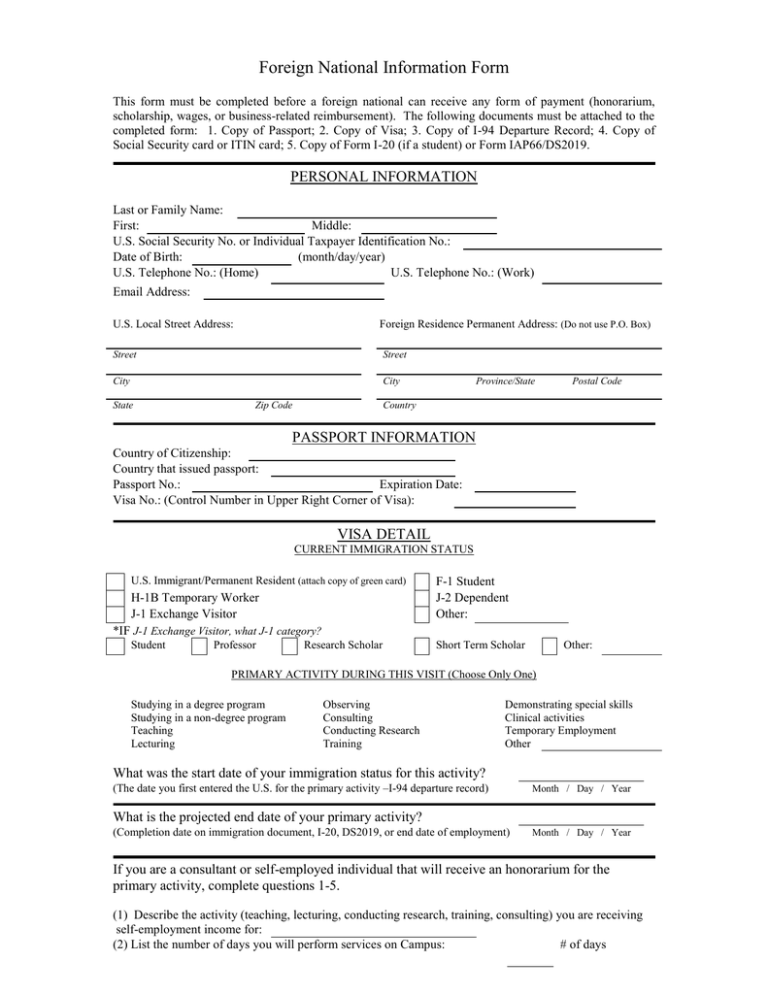 Foreign National Information Form