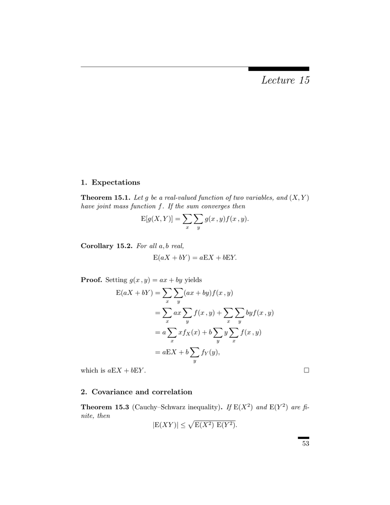 Lecture 15 1 Expectations 2 Covariance And Correlation