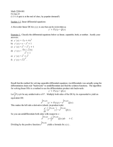 Math 2280-001 Fri Jan 23 Section 1.5, linear differential equations: