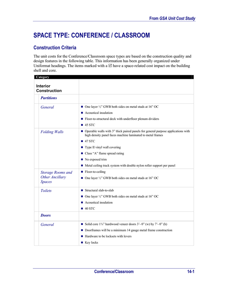 Space Type Conference Classroom Construction Criteria Gsa