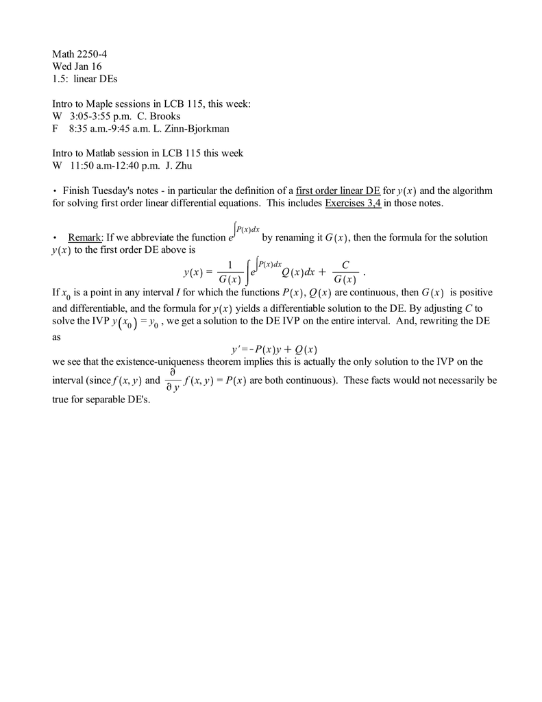 Math 2250 4 Wed Jan 16 1 5 Linear Des