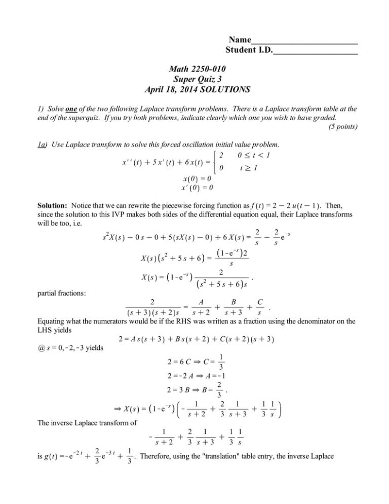 Name Student I D Math 2250 010 Super Quiz 3