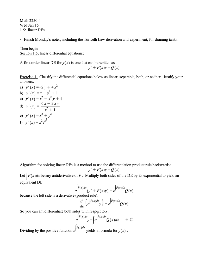 Math 2250 4 Wed Jan 15 1 5 Linear Des