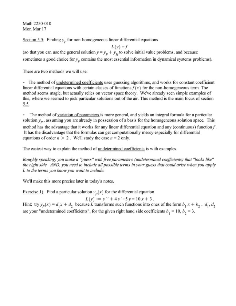 Math 2250-010 Mon y for non-homogeneous linear differential equations