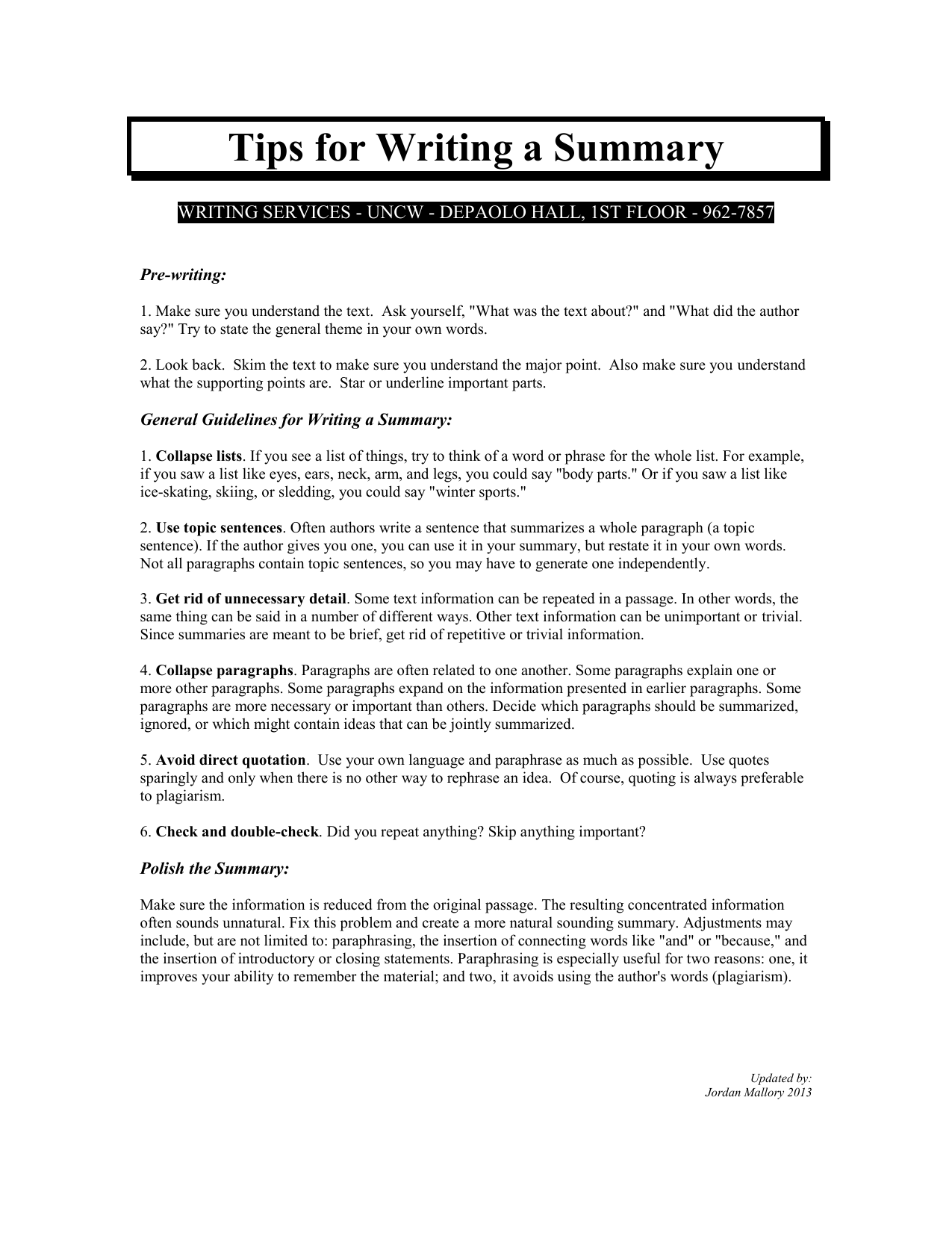 Tips for Writing a Summary Pre-writing: