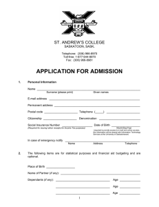 APPLICATION FOR ADMISSION  ST. ANDREW’S COLLEGE .