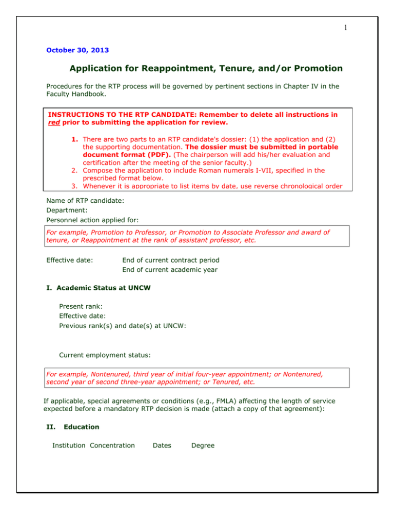 Application For Reappointment, Tenure, And/or Promotion 1