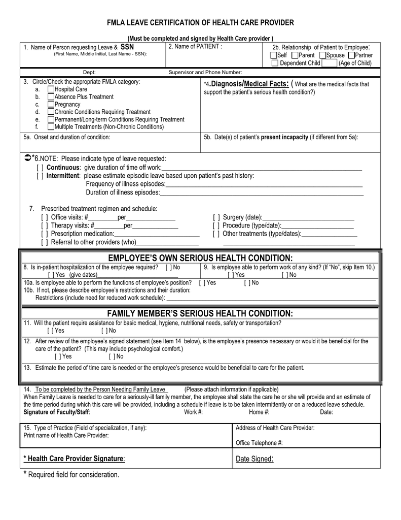 FMLA LEAVE CERTIFICATION OF HEALTH CARE PROVIDER SSN