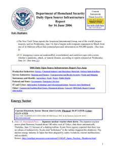 Department of Homeland Security Daily Open Source Infrastructure Report for 16 June 2006