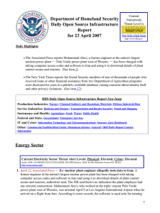 Department of Homeland Security Daily Open Source Infrastructure Report for 23 April 2007